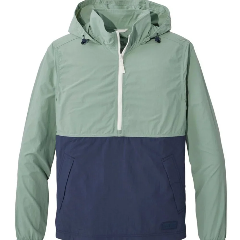 L.L. Bean Men's Light and Airy Anorak Windbreaker, Sage/Navy, Medium, EUC